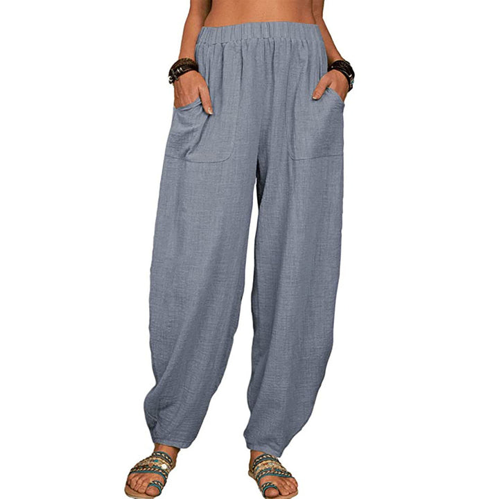 Women's relaxed linen pants with wide leg, elastic waistband and large patch pockets Mune Fashion