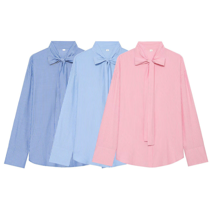 Women's Loose Blouse with Bow Collar and Pinstripes Mune Fashion