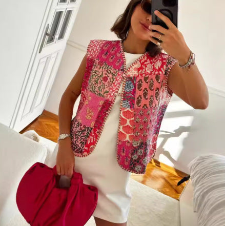 Ladies Quilted Waistcoat with Toile Print, Striped Lining and Drawstring Mune Fashion