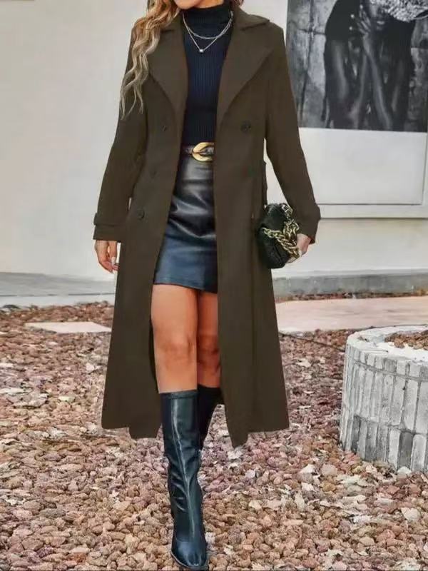 Women's longer tailored coat double-breasted with wide lapel and concealed side pockets Mune Fashion