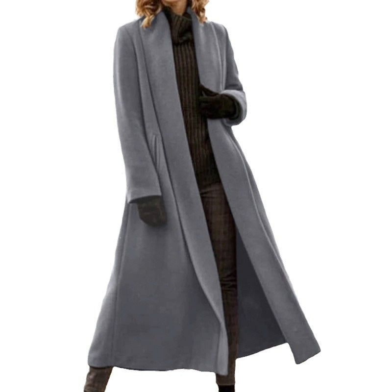 Women elegant long wool blend coat with open fall and side pockets Mune Fashion
