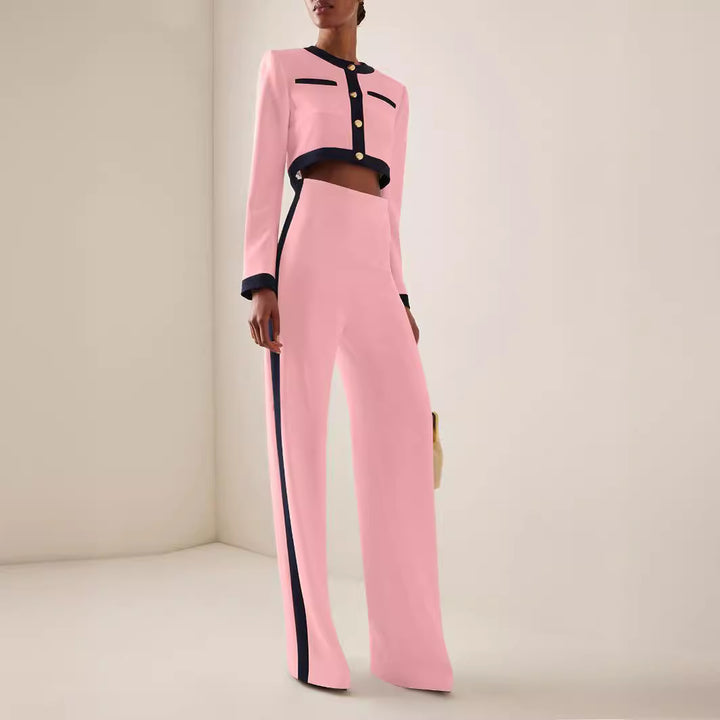 Women's Short Cropped Tailoring Set with Contrast Piping and High-Waist Palazzo Pants Mune Fashion