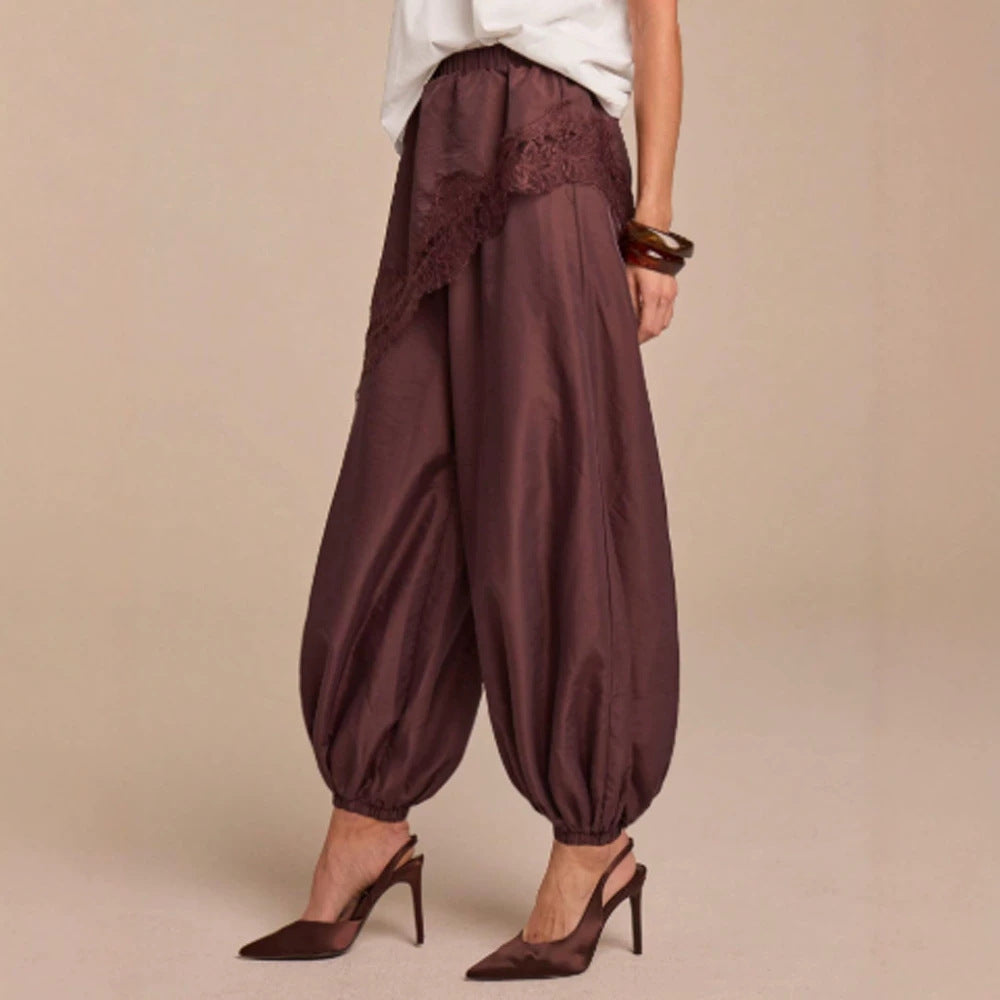 Women's Wide Harem Pants with Elastic Waistband, Gathered Ankles & Lace Applique Mune Fashion
