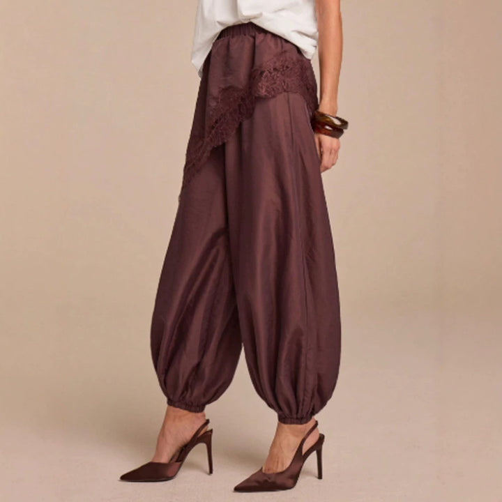Women's Wide Harem Pants with Elastic Waistband, Gathered Ankles & Lace Applique Mune Fashion