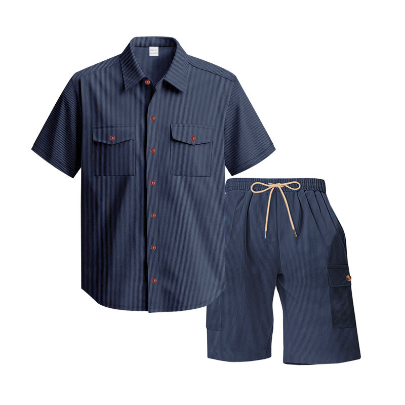 Men's structured short-sleeve shirt and bermuda set with flap pockets and elastic waistband Mune Fashion