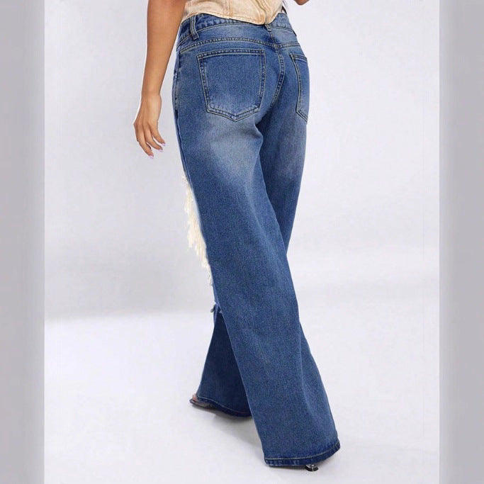 Women's extra wide cut destroyed jeans with XXL knee cutouts and low waistline Mune Fashion
