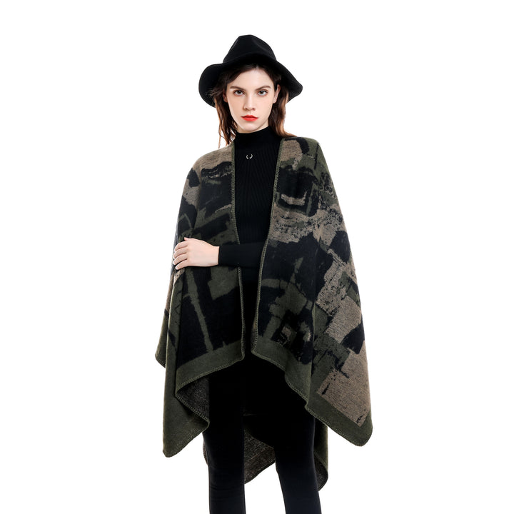 Women's oversized wrap robe made of wool blend with abstract jacquard and decorative stitch edge Mune Fashion