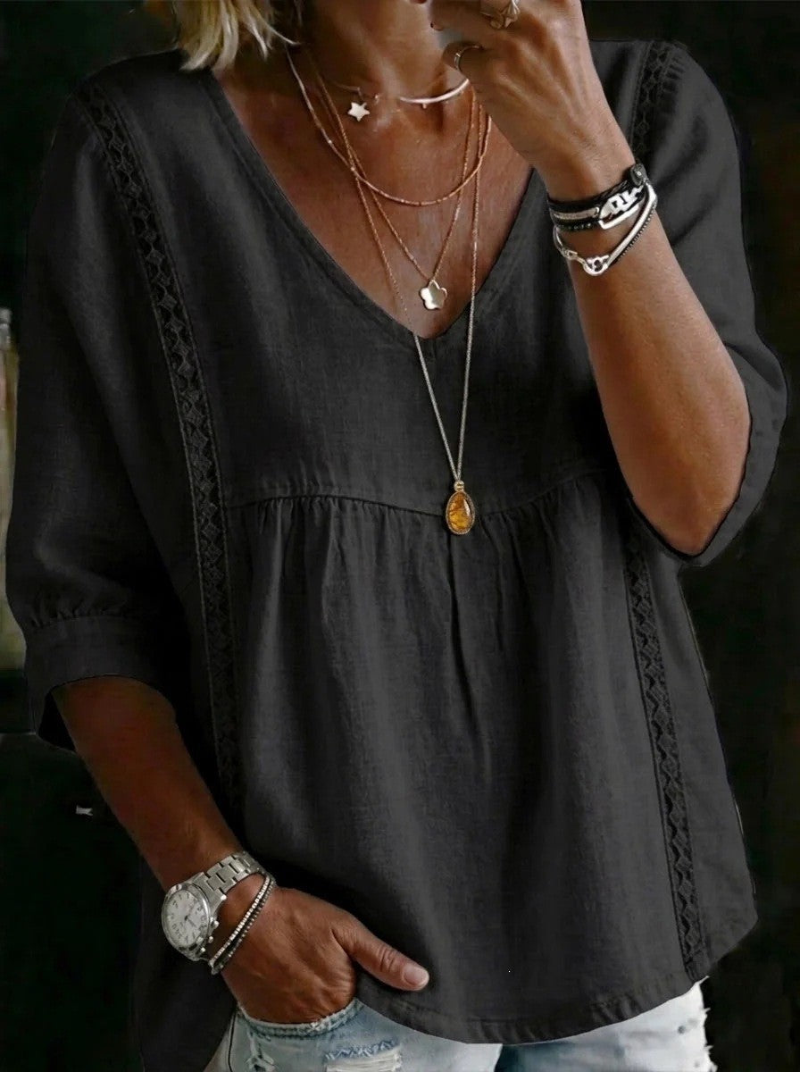 Women Loose V-Neck Linen Blouse with Lace and 3/4 Sleeves Mune Fashion