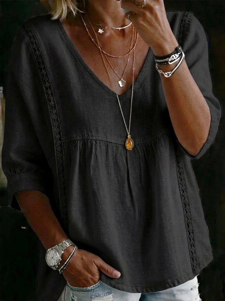 Women Loose V-Neck Linen Blouse with Lace and 3/4 Sleeves Mune Fashion