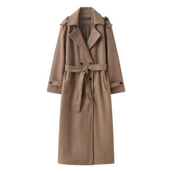 Women's Long Double-Breasted Wool Coat with Waist Belt and Epaulettes Mune Fashion