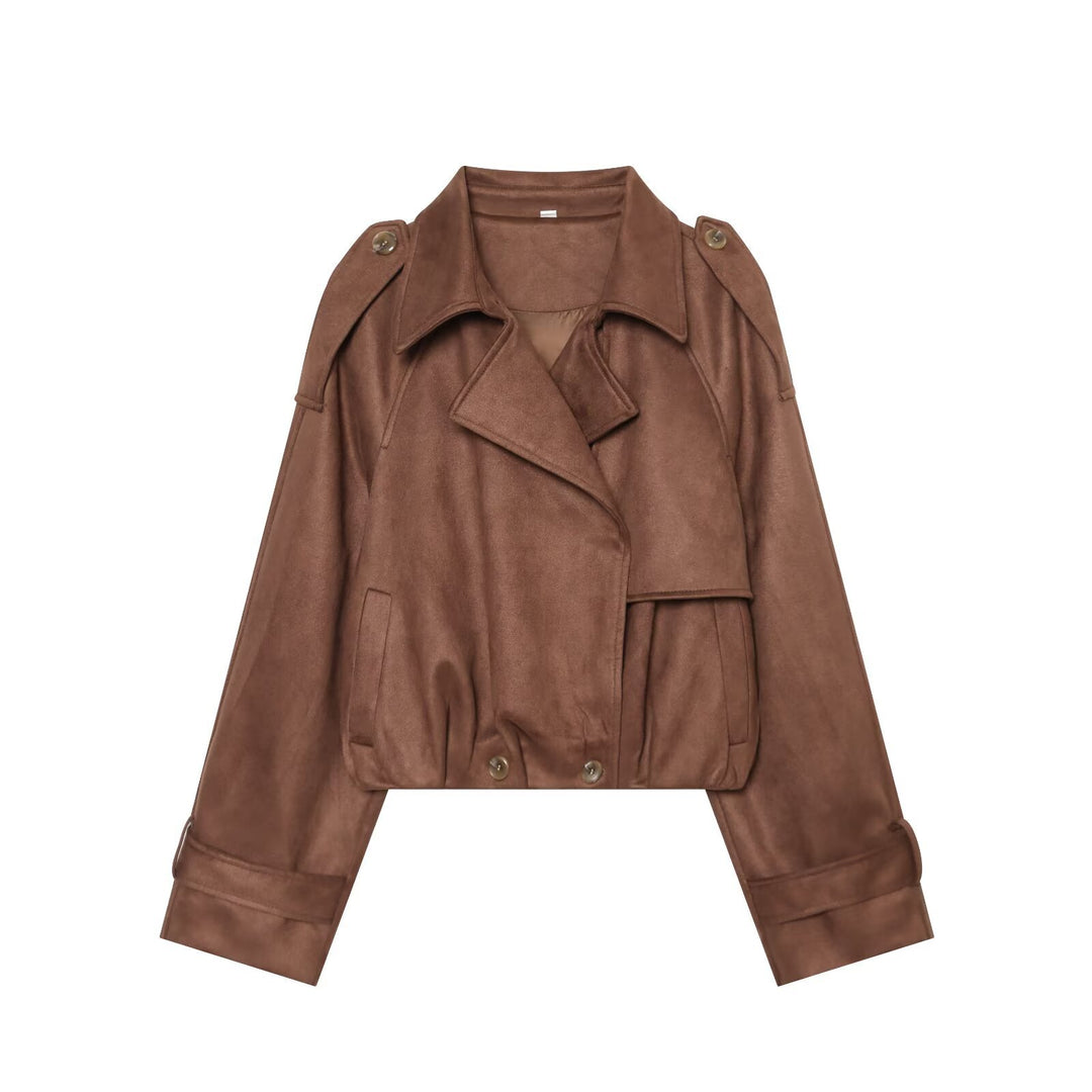 Women Short Cut Trench Jacket in Suede Look with Epaulettes and Buckle Cuffs Mune Fashion