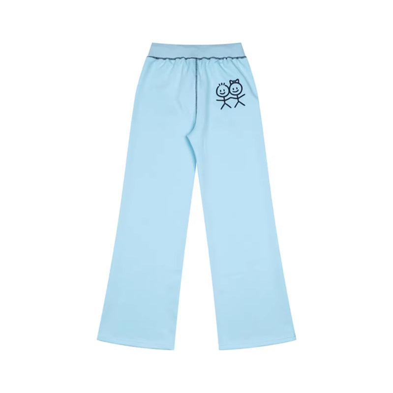 Women's Wide Lounge Pants with High Waist, Drawstring and Contrast Stitching Mune Fashion