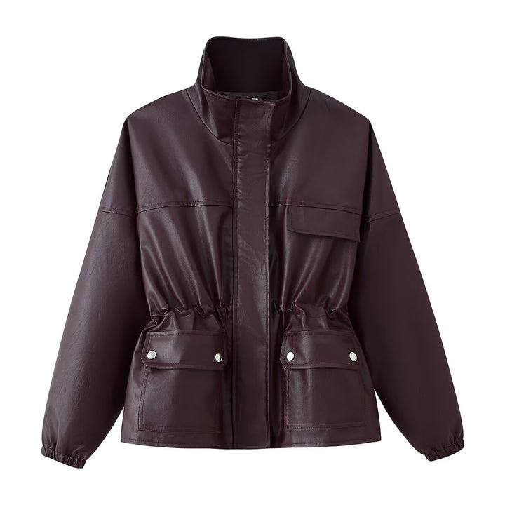 Women Faux Leather Parka with Stand Collar, Waist Drawstring, and Placket Pockets Mune Fashion