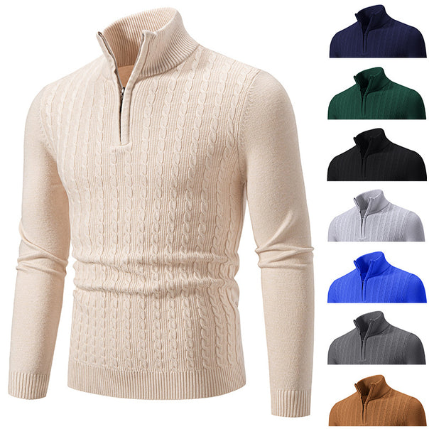 Men's Elegant Cable Knit Half-Zip Sweater with High Standing Collar and Slim Fit Mune Fashion