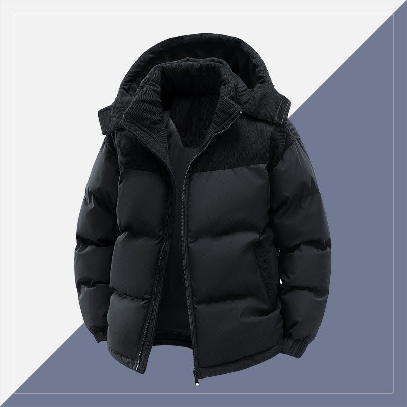 Men's padded quilted jacket with high hood, corduroy shoulder panels, and two-way zipper Mune Fashion