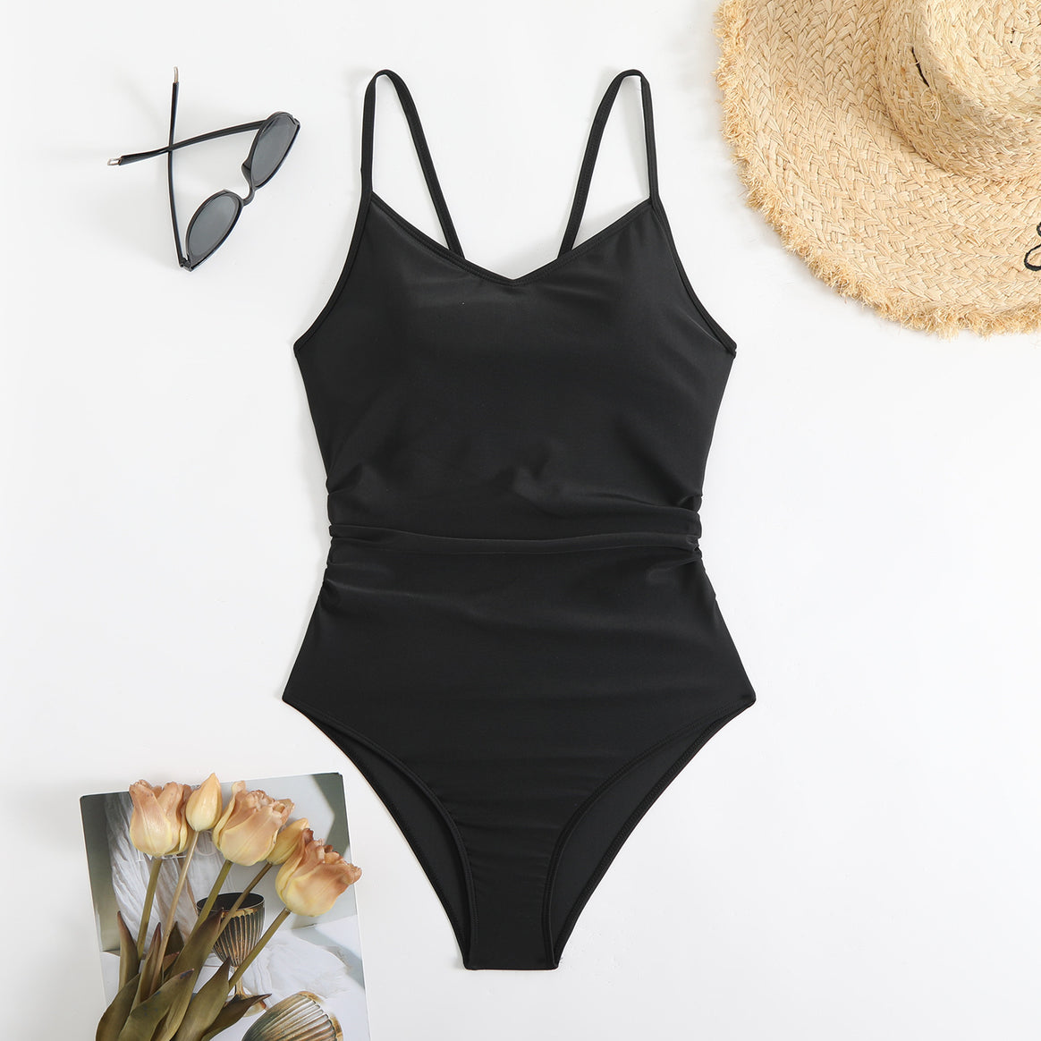 Women’s one-piece swimsuit with stylish ruched top and adjustable spaghetti straps Mune Fashion