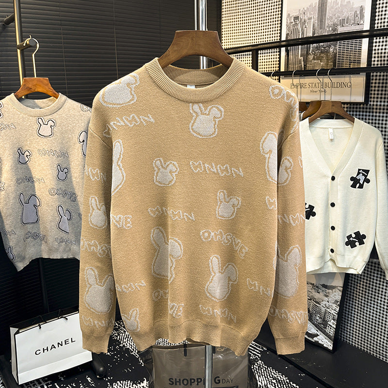 Unisex fine knit pullover with discreet jacquard rabbit relief and round neck Mune Fashion
