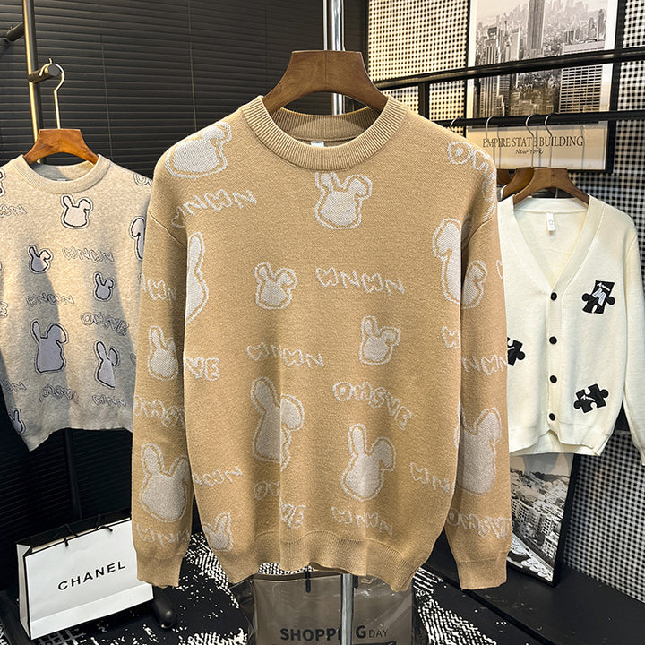 Unisex fine knit pullover with discreet jacquard rabbit relief and round neck Mune Fashion