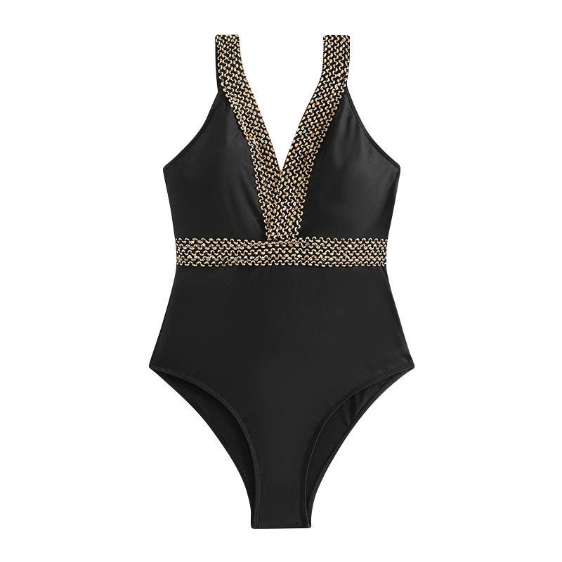 Women's elegant one-piece swimsuit with deep V-neckline and golden accents Mune Fashion
