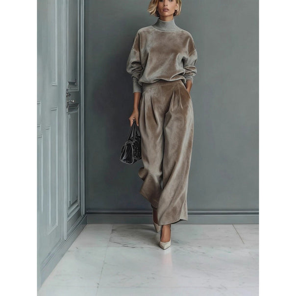 Women's Two-Piece Velvet Loungewear Set with Stand Collar and Pleated Palazzo Pants Mune Fashion