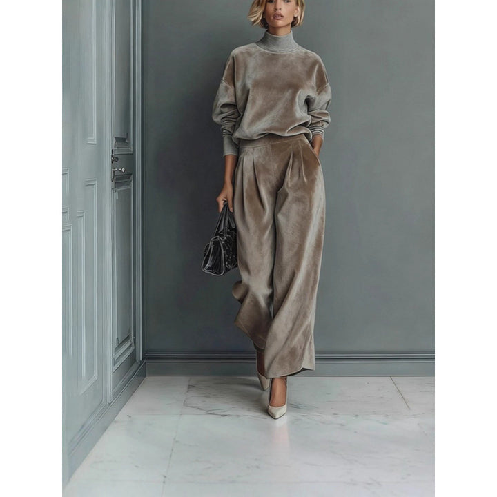 Women's Two-Piece Velvet Loungewear Set with Stand Collar and Pleated Palazzo Pants Mune Fashion