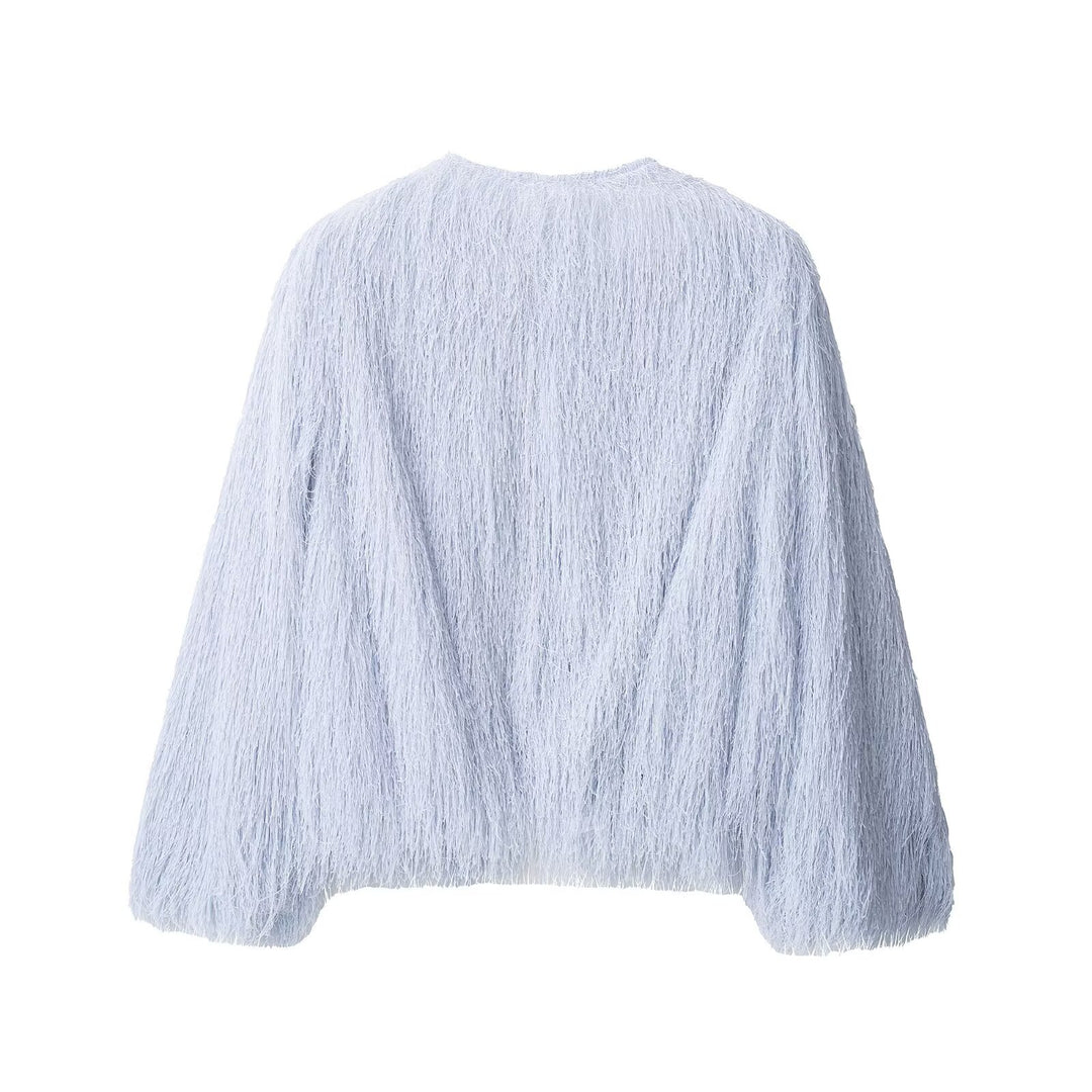 Women's Fluffy Fringe Jacket with Round Neckline and Boxy Cut Mune Fashion