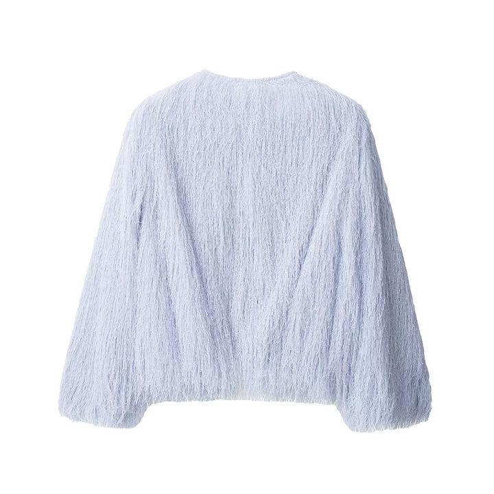 Women's Fluffy Fringe Jacket with Round Neckline and Boxy Cut Mune Fashion