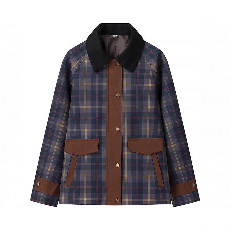 Women's Checked Transition Jacket with Cord Collar and Contrast Trimmings Mune Fashion