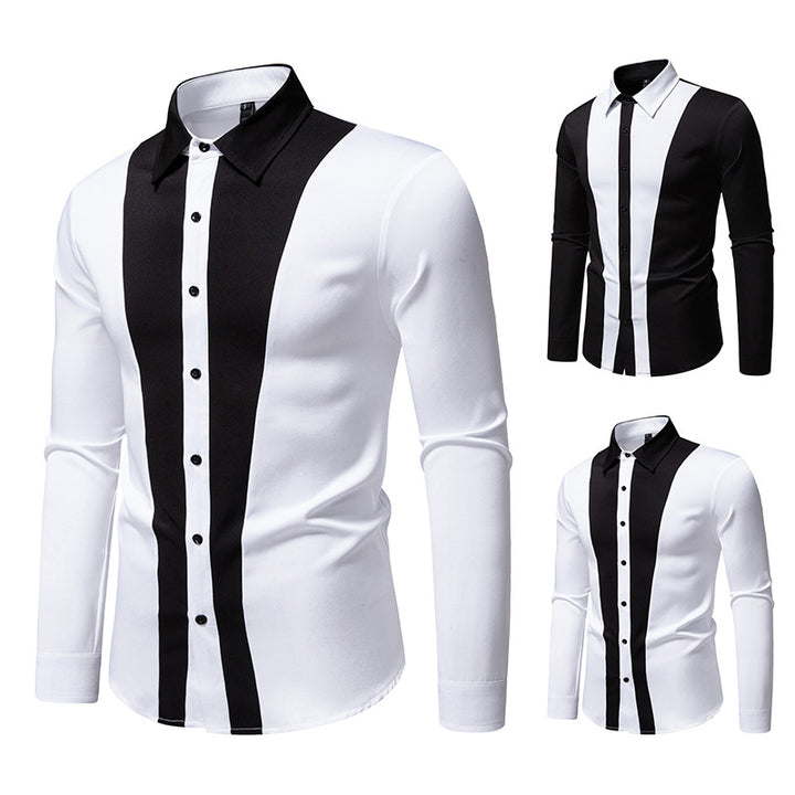 Men's Fitted Long Sleeve Shirt with Contrasting Center Stripes and Kent Collar Mune Fashion