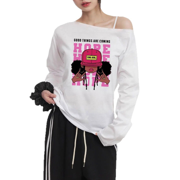 Women's casual off-shoulder long sleeve shirt with large cartoon graphic print and elastic cotton blend Mune Fashion