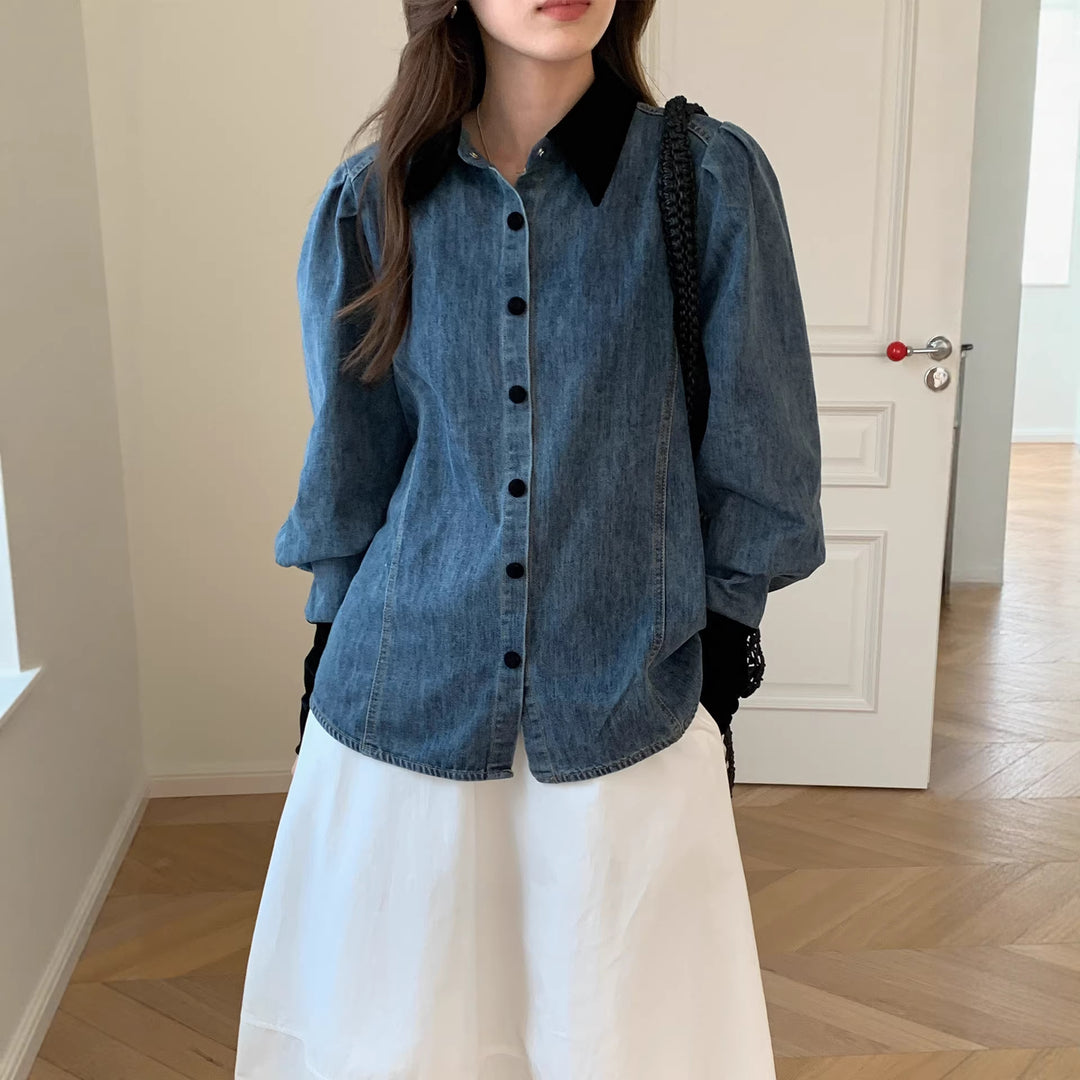 Damen Denimbluse mit Elegantem Kragen Mune Fashion