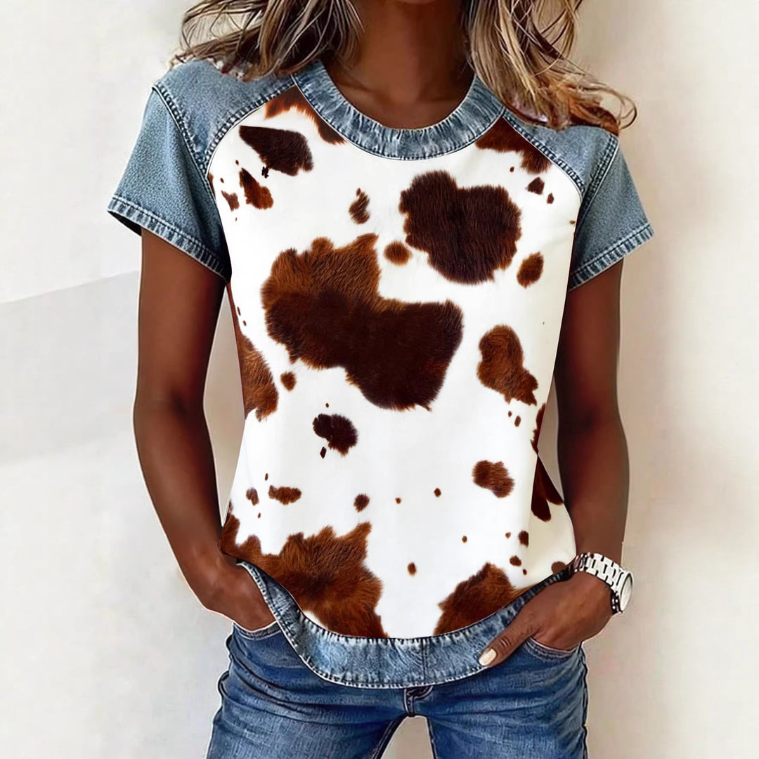 Women's Short Sleeve Shirt with Jeans Inserts and Teddy Patch Print Mune Fashion