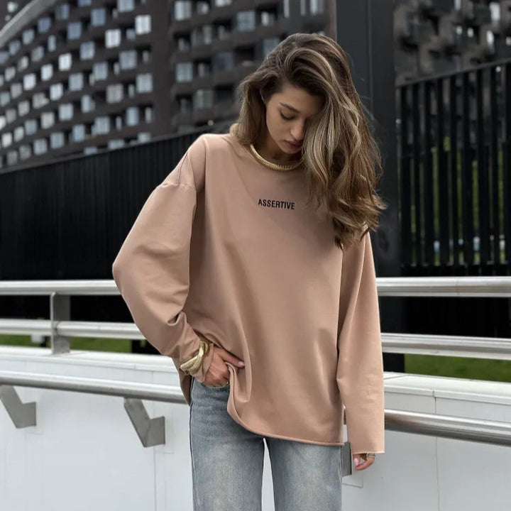 Women Oversized Long Sleeve Sweatshirt with Statement Print and Round Neckline Mune Fashion