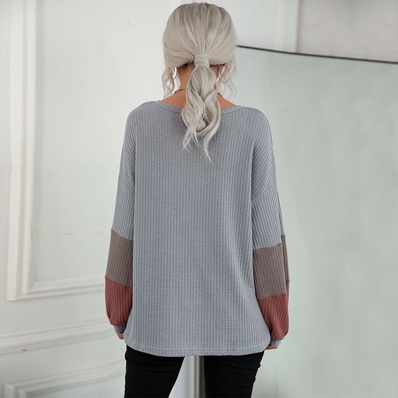 Women’s Casual Waffle Knit Tunic Shirt with V-neck and Colorblock Sleeves Mune Fashion