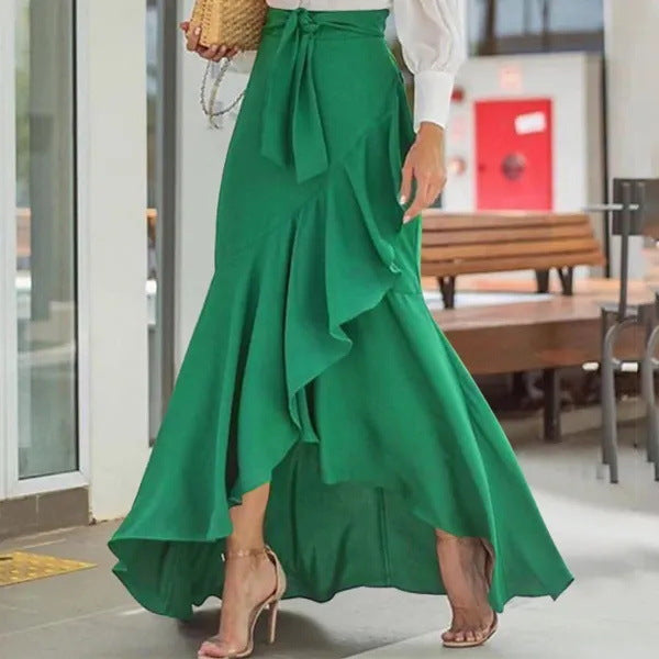 Women nan wrap maxi skirt with Vichy check, high waist tie and asymmetrical flounce hem Mune Fashion