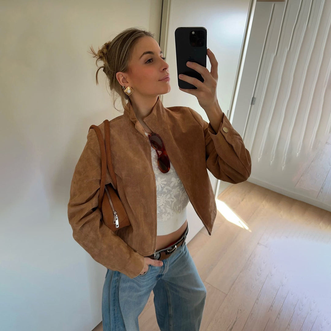 Women's Short-cut Suede Look Blouson Jacket with Shirt Collar and Zipper Mune Fashion