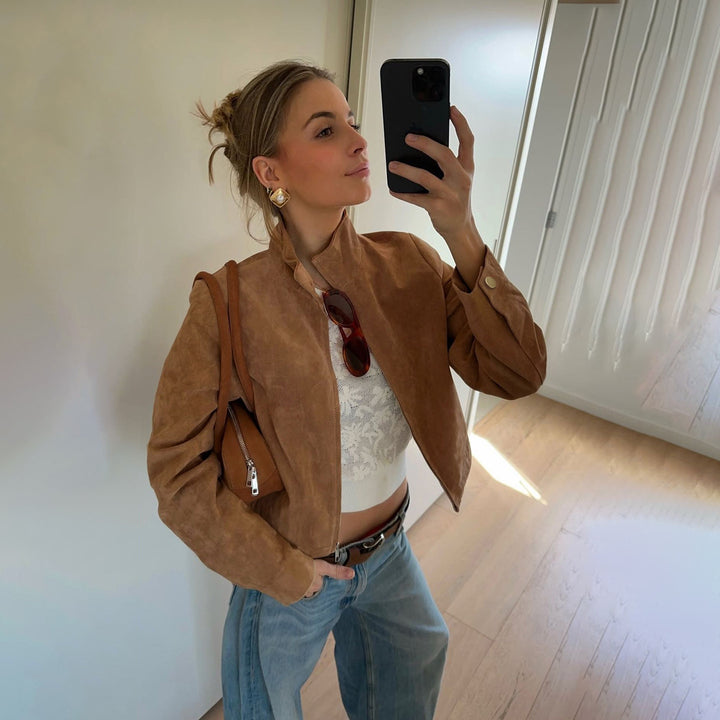 Women's Short-cut Suede Look Blouson Jacket with Shirt Collar and Zipper Mune Fashion