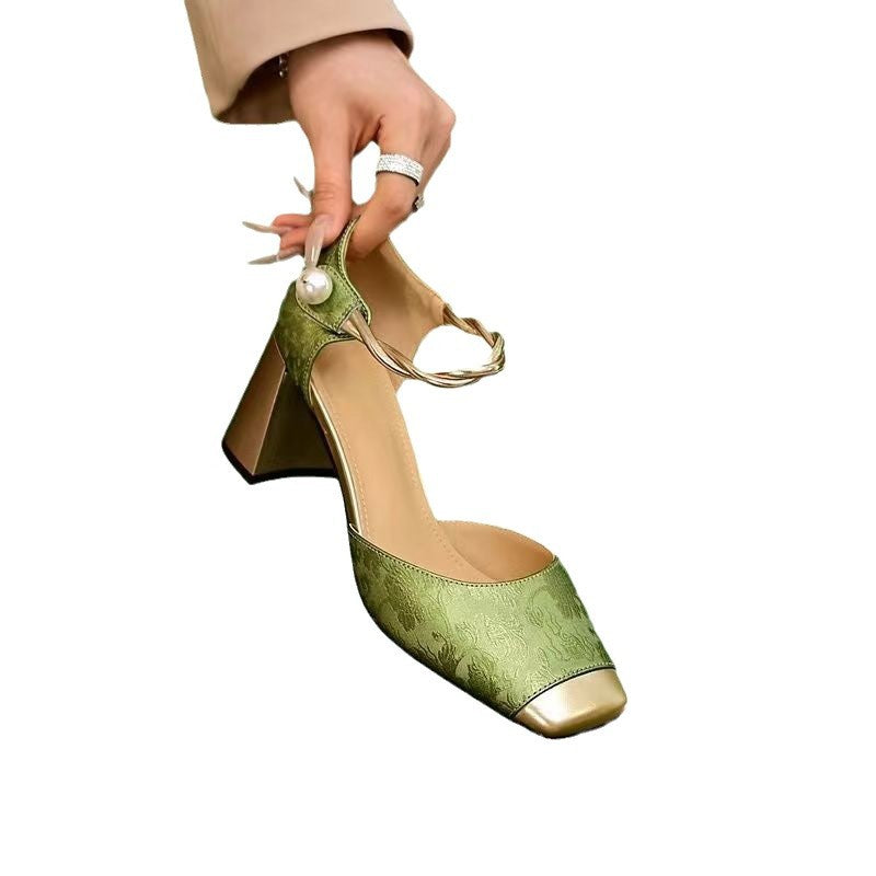 Women's elegant slingback pumps with square toe shape, jacquard upper material and twisted decorative strap Mune Fashion