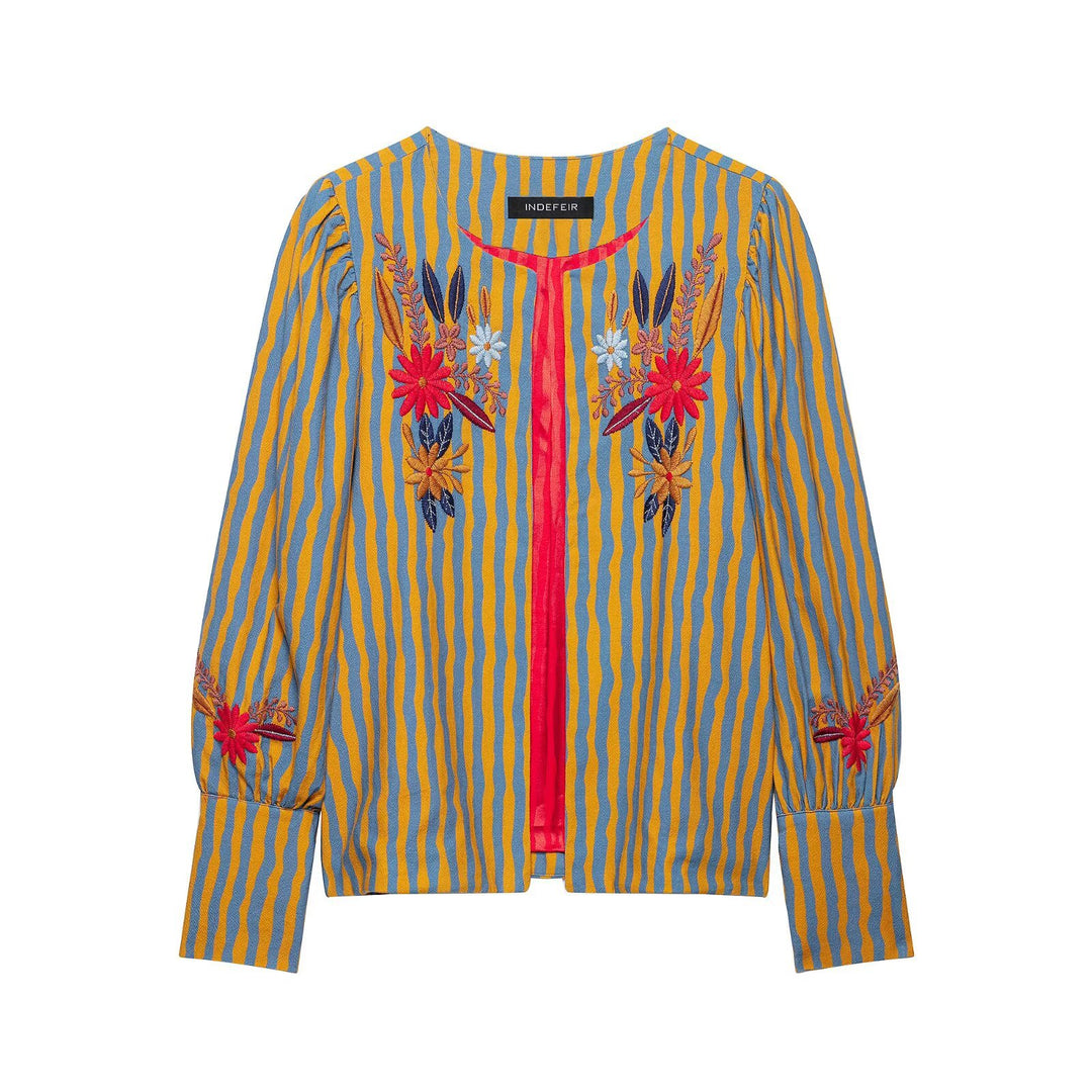 Women Striped Embroidered Blouson Jacket with Open Front and Peter Pan Collar Mune Fashion