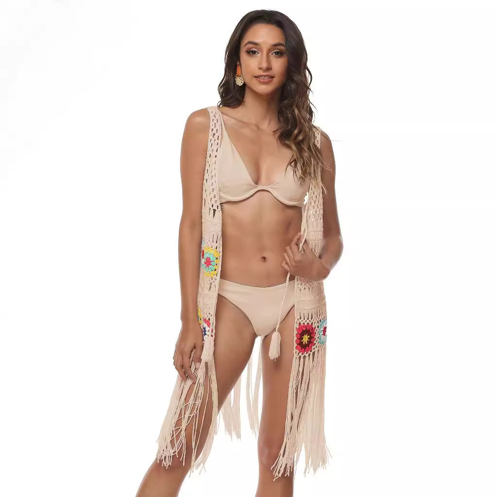 Women's Crochet Beach Cover-up with Colorful Fringes Mune Fashion
