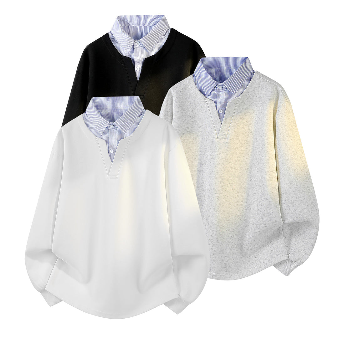 Women's oversized sweatshirt with integrated shirt collar, V-neck and rounded hem Mune Fashion