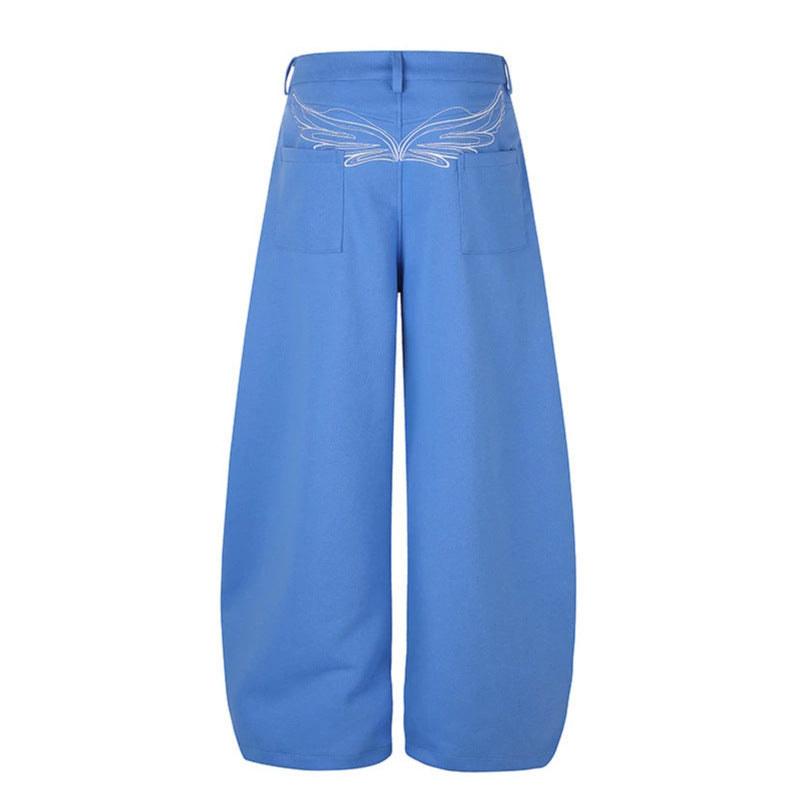 Women's Wide High-Waist Palazzo Jogging Pants with Pockets, Decorative Embroidery and Adjustable Belt Mune Fashion