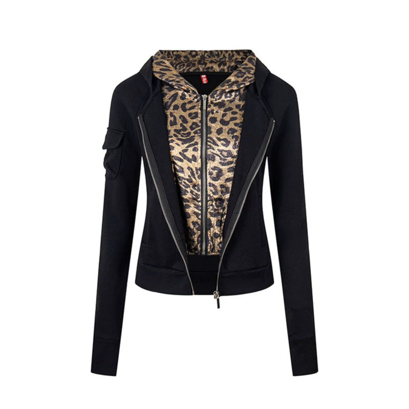 Women's Layered Look Zip Hoodie with Metallic Leopard Lining and Slim Silhouette Mune Fashion