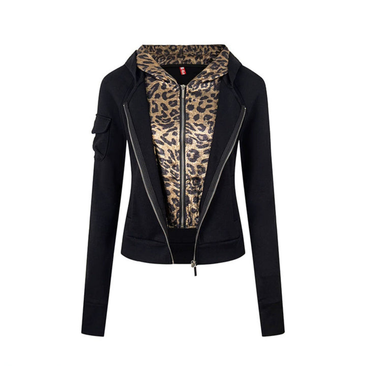 Women's Layered Look Zip Hoodie with Metallic Leopard Lining and Slim Silhouette Mune Fashion