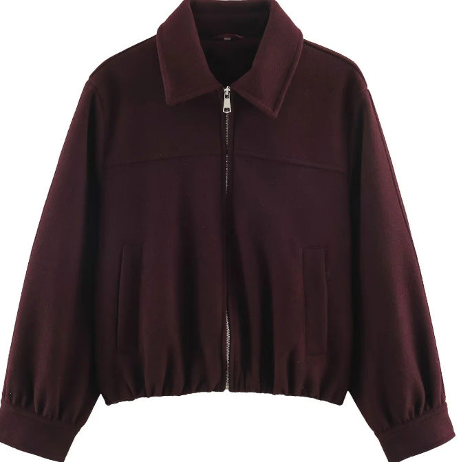 Women’s Short Cut Wool Bomber Jacket with Zipper and Elastic Hem Mune Fashion