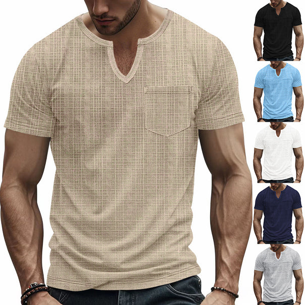 Men's short-sleeve shirt with V-slit neckline and patch chest pocket made of textured jersey Mune Fashion