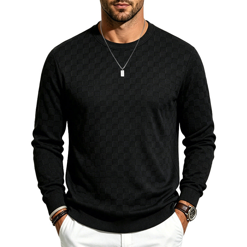 Men's Fine Round Neck Knit Sweater with Discreet Checkered Pattern Mune Fashion