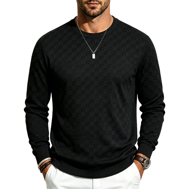 Men's Fine Round Neck Knit Sweater with Discreet Checkered Pattern Mune Fashion