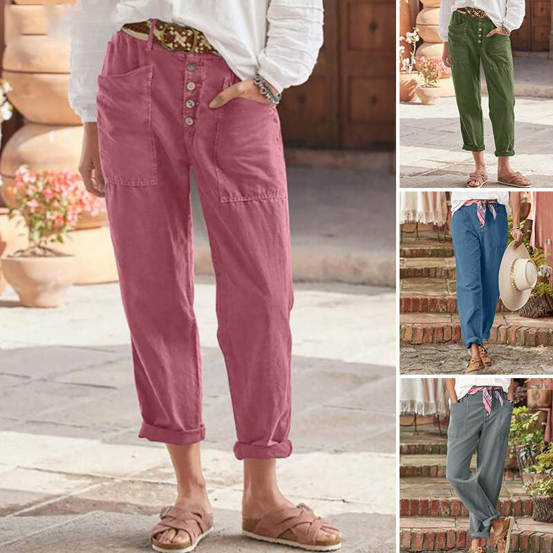 Women's linen-cotton lounge pants with wide cut, high waistband, and patch pockets Mune Fashion