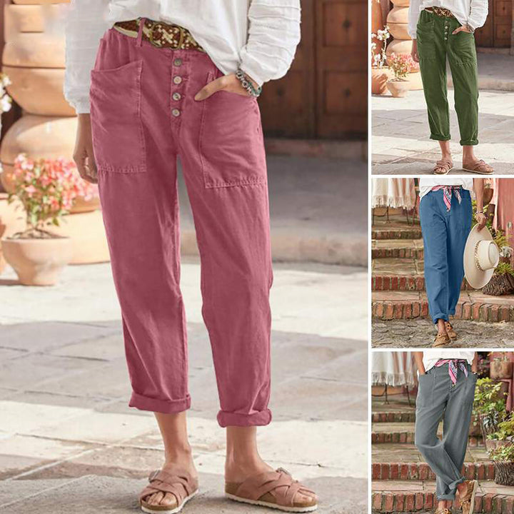 Women's linen-cotton lounge pants with wide cut, high waistband, and patch pockets Mune Fashion